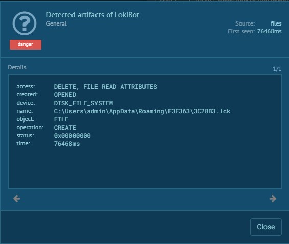 Detected artifacts of lokibot