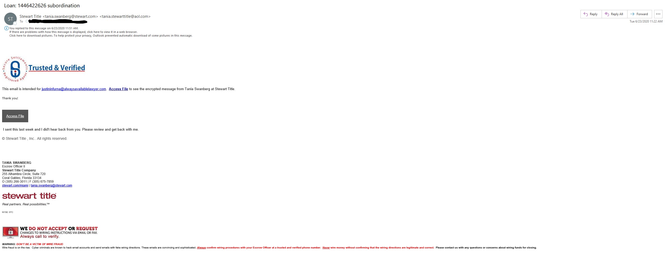 Stewart Title Screenshot of email